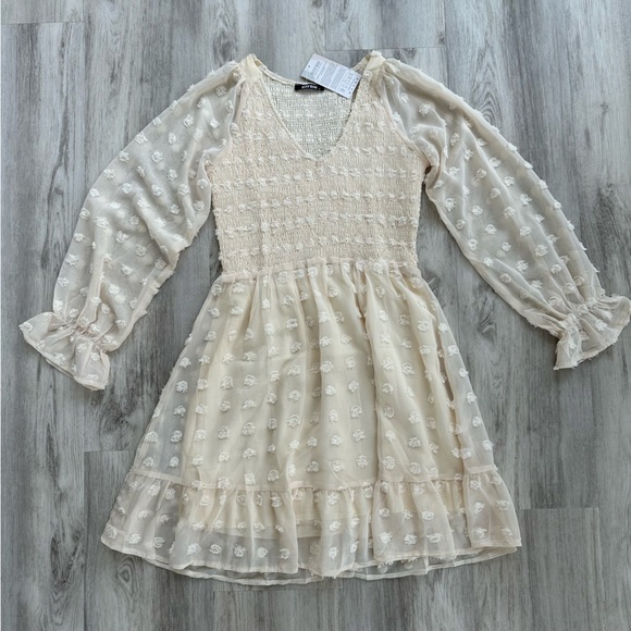 BTFBM Dresses & Skirts - Cream Long Sleeve V-Neck Sundress